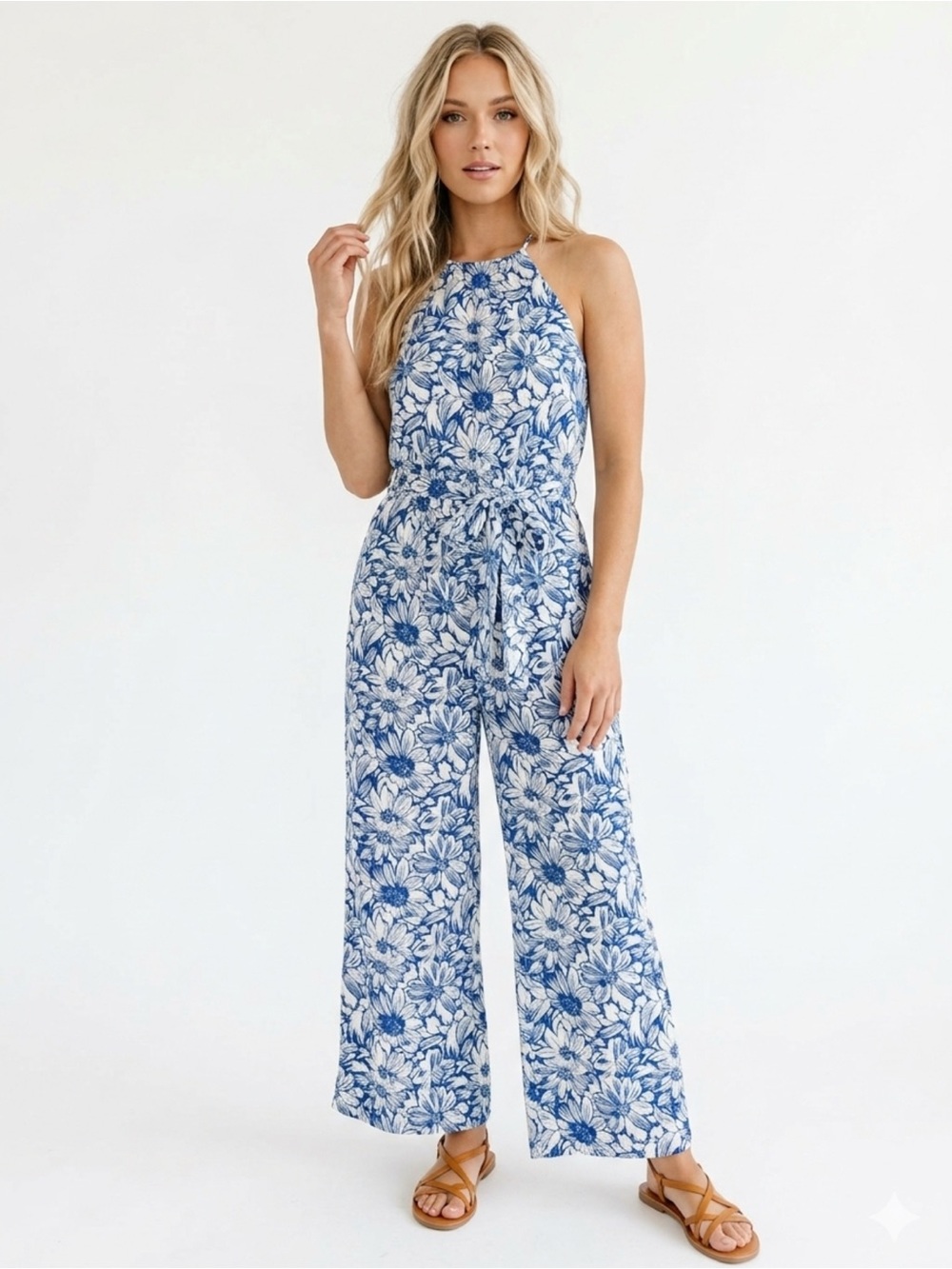 Baltic Born Blue White Flower Wide Leg Jumpsuit M